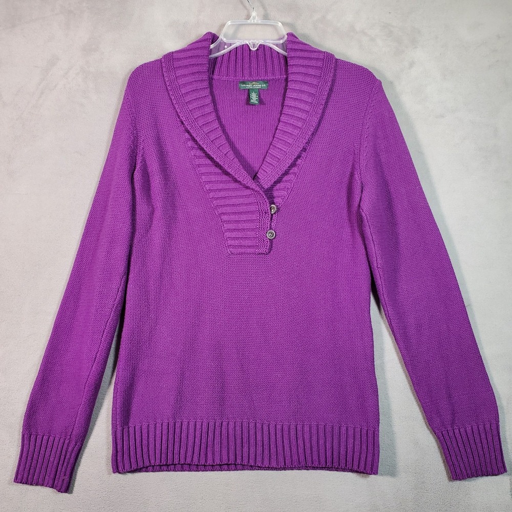 VTG Lauren Ralph Lauren Sweater Womens L Purple Pullover Fisherman Shawl Preppy‎